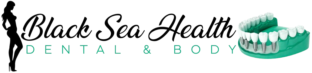 Logo for Black Sea Health Dental & Body featuring a silhouette of a person, the brand name, and a dental model.