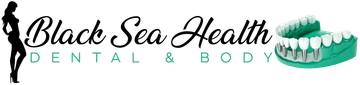 Logo for Black Sea Health Dental & Body featuring a silhouette of a person, the brand name, and a dental model.
