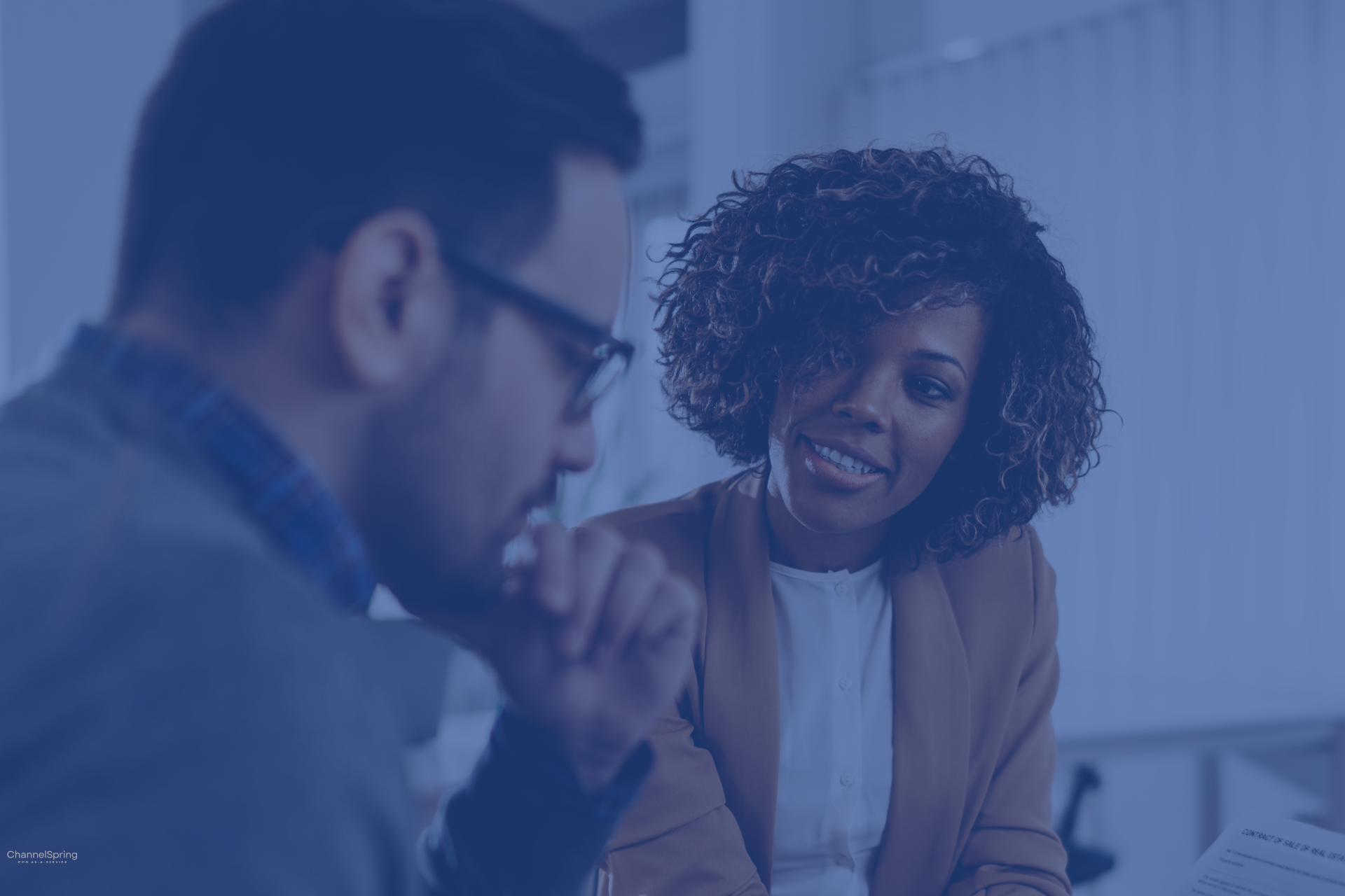 Split-screen illustration of a CFO reviewing budget and risk data next to a CIO reviewing technical 