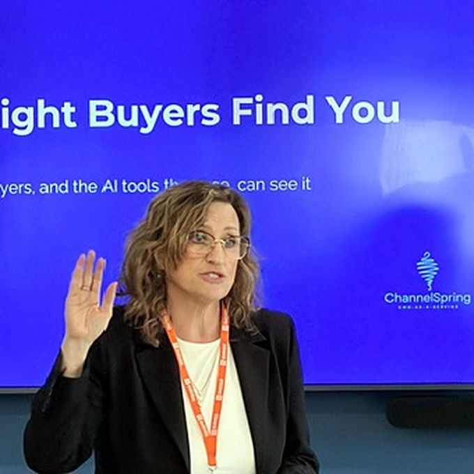 Anne Mitchell presenting at a workshop with one hand raised, in front of a ChannelSpring slide.