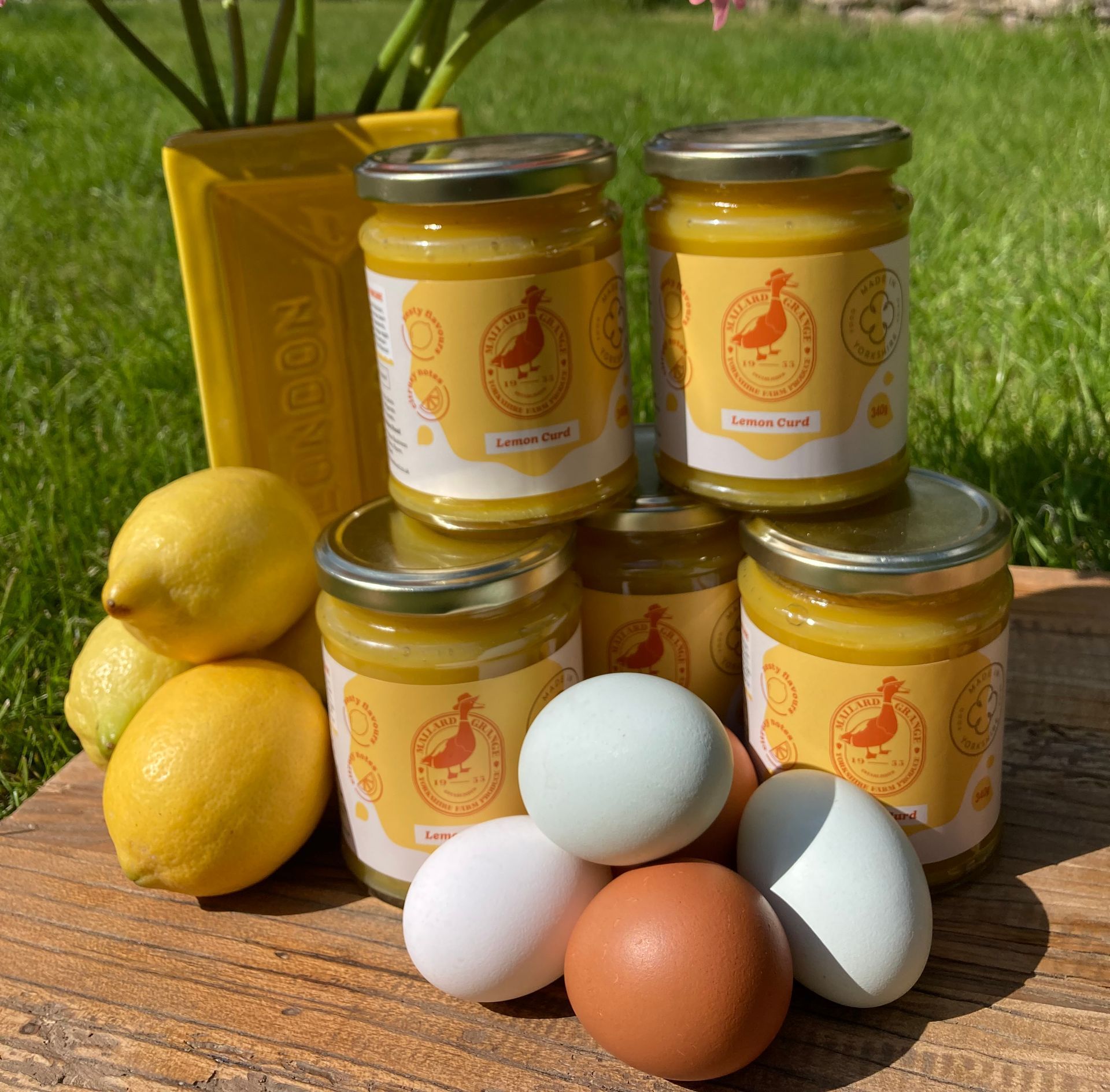 Lemon curd and pasture raised eggs from Ripon farm shop, Mallard Grange Farm produce