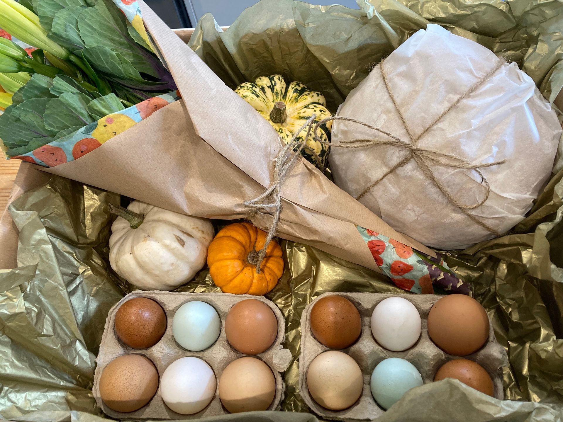 Hamper of homegrown pumpkins, sourdough bread, flowers and pasture raised eggs, a prize draw from Mallard Grange Farm