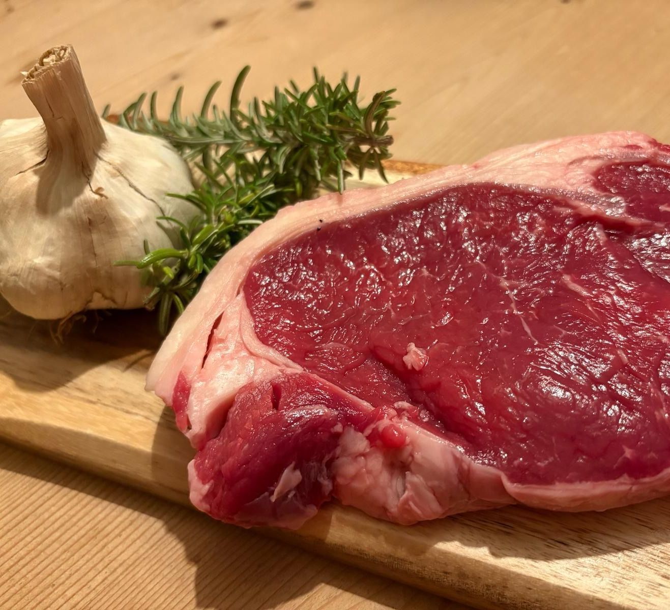 Grass fed beef sirloin steak from a Mallard Grange Farm beef box, farmed regeneratively in Ripon North Yorkshire