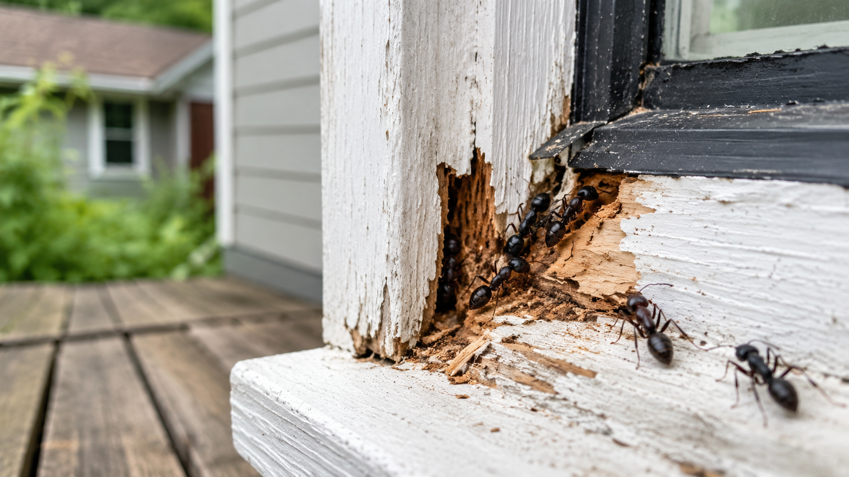 Ants on a rotting, damaged wooden window frame with peeling white paint
