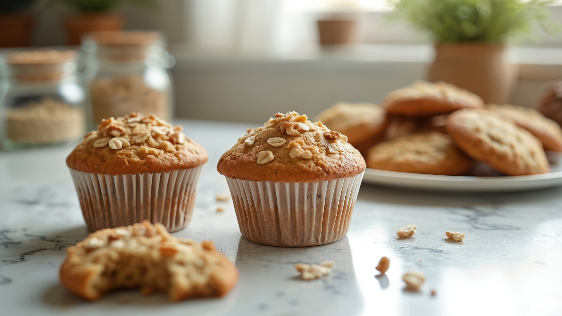 Two muffins and cookies with oats on a countertop, near jars and a plant.