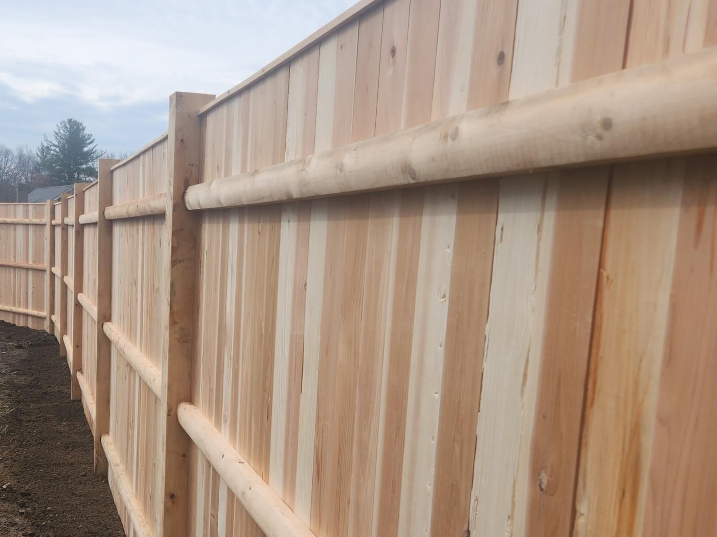 A wooden fence with a gate in the backyard of a house.