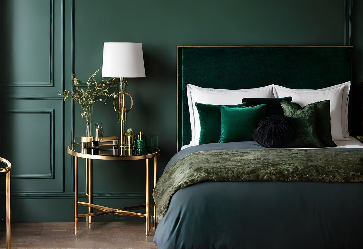 A bedroom with a bed , nightstand , lamp and green walls