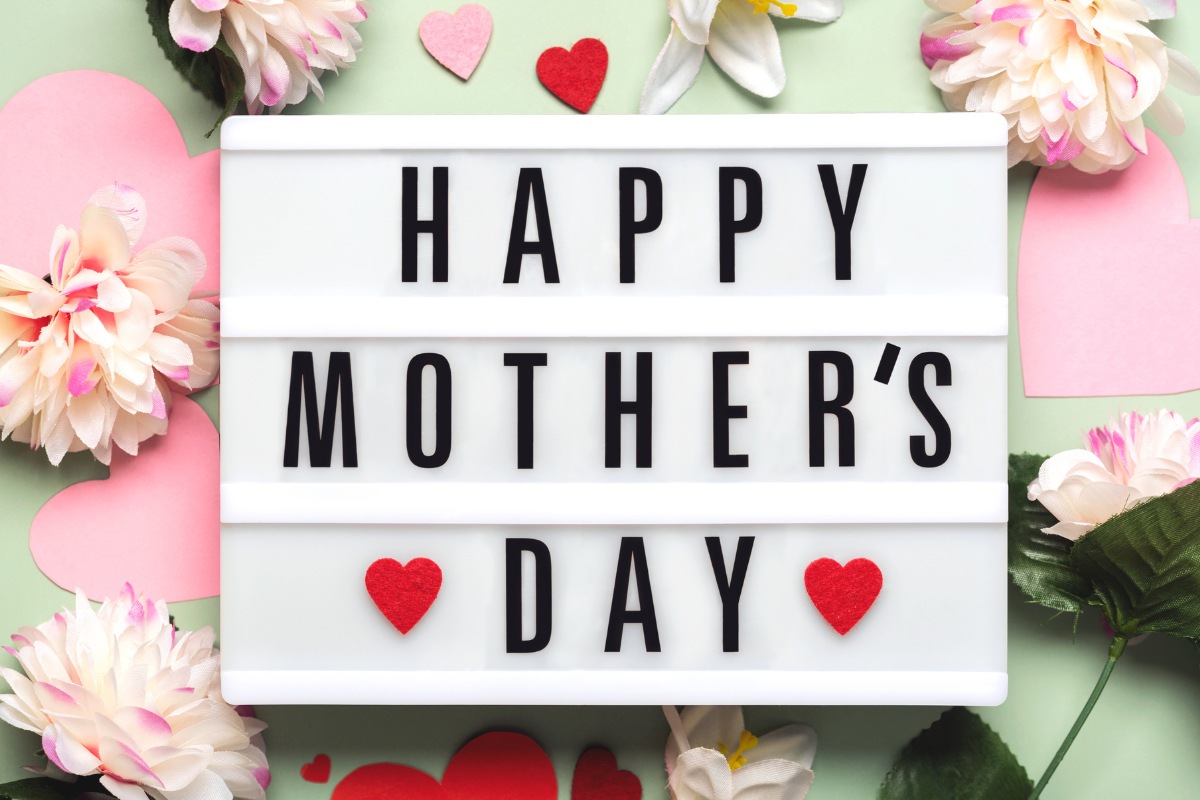 A sign that says happy mother 's day is surrounded by flowers and hearts