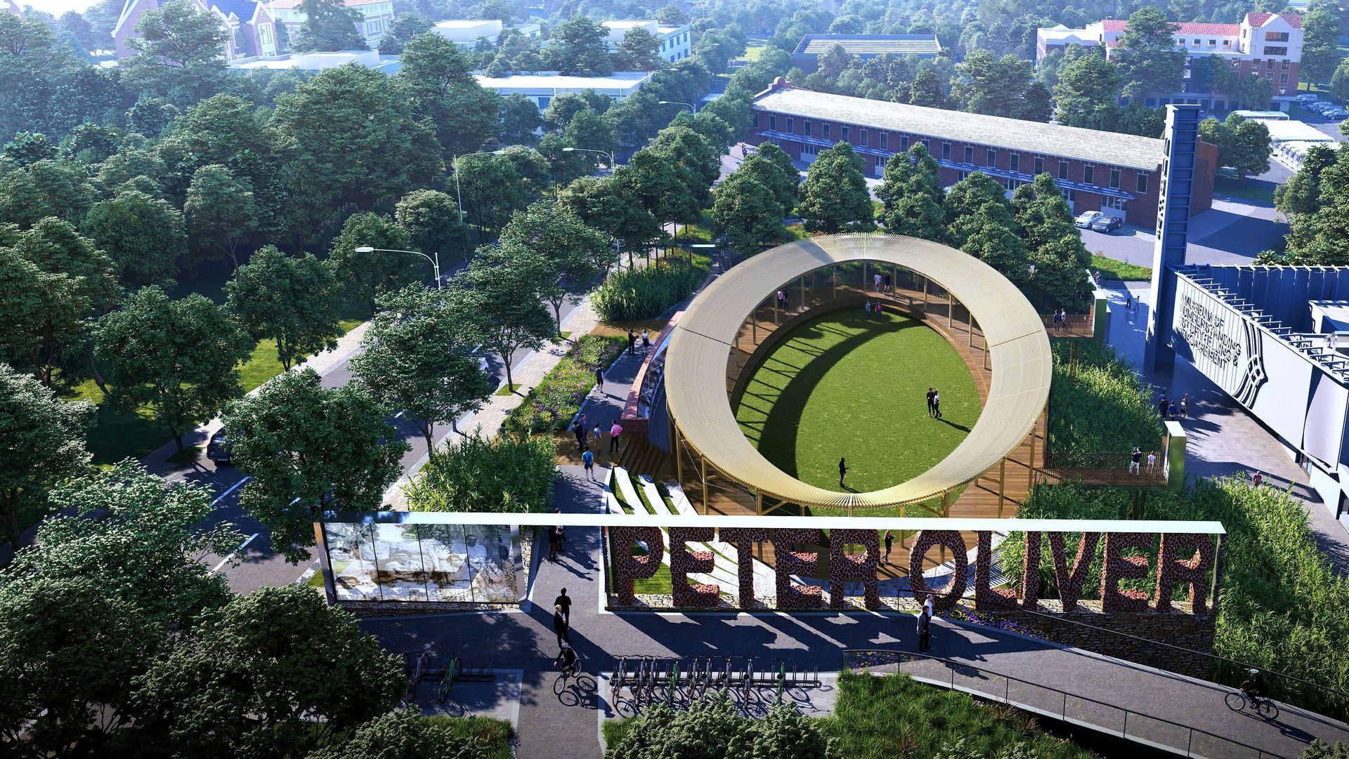 An aerial view of a park with a large circle in the middle