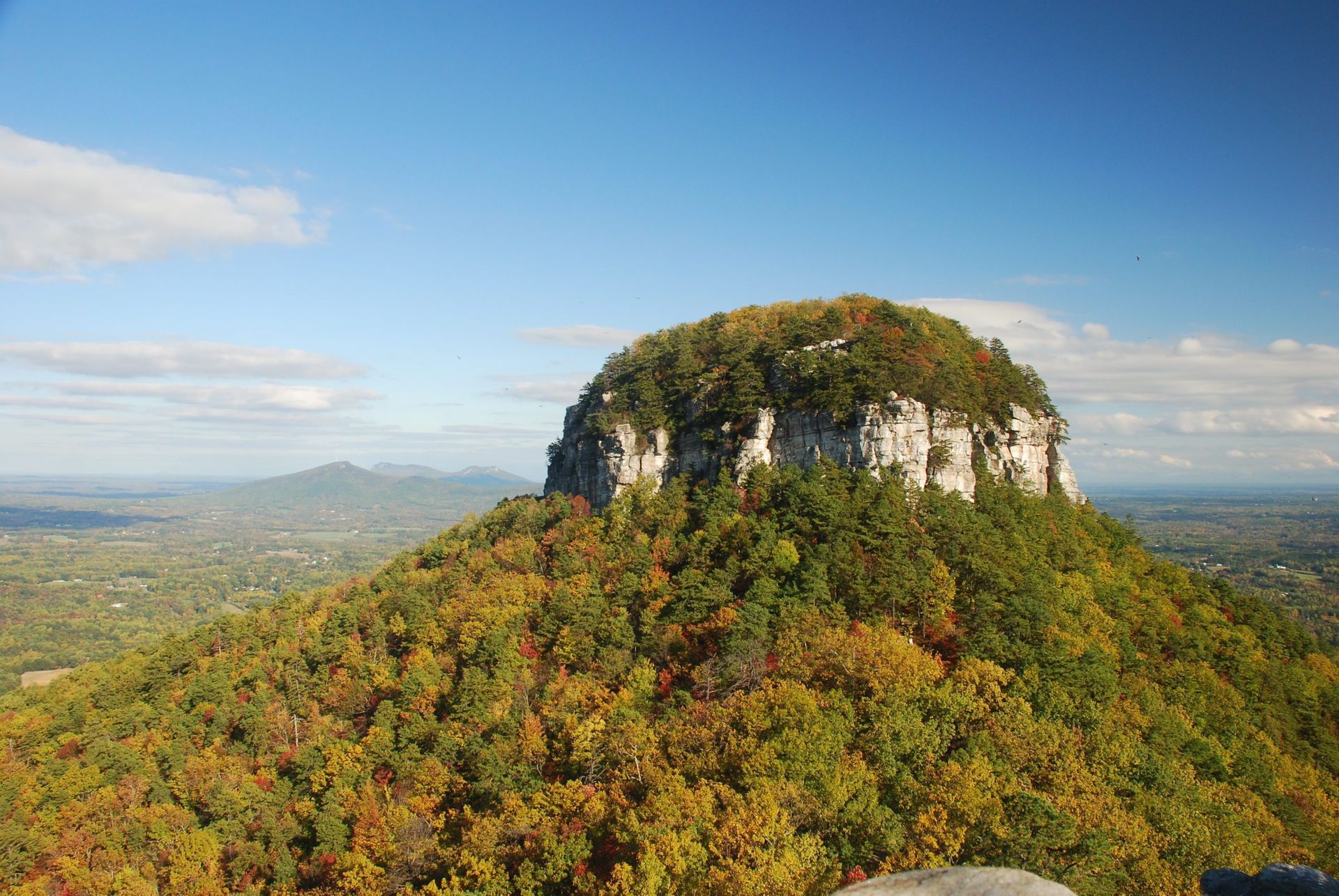 A mountain covered in trees with a blue sky in the background