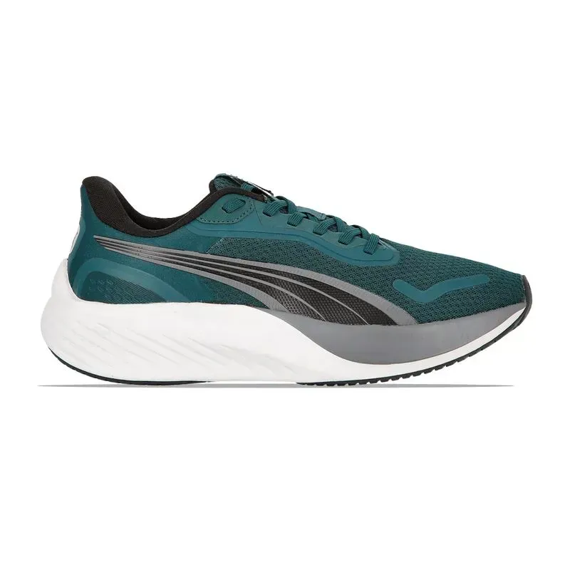 Zapatillas deportivas de color verde azulado y gris con suela blanca, vistas de perfil.