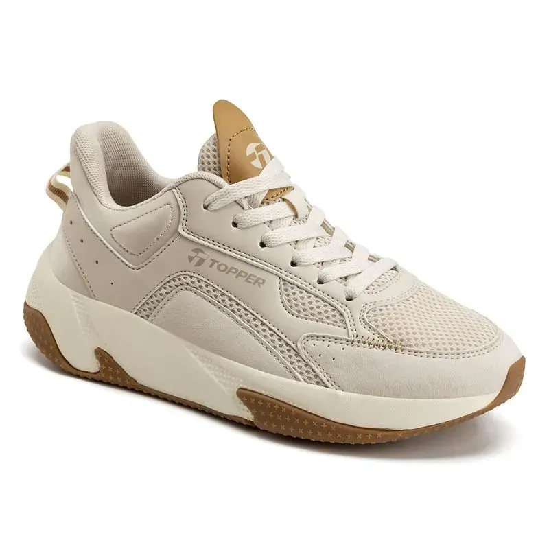 Zapatillas deportivas beige con detalles en blanco y tostado sobre fondo blanco.
