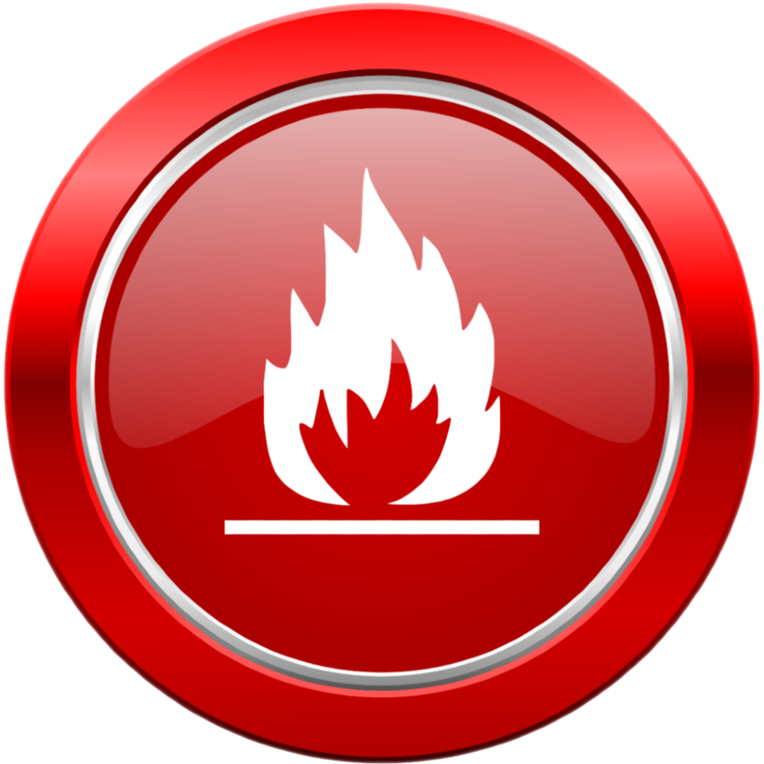 A glossy red circular icon featuring a white flame symbol sitting above a horizontal line.