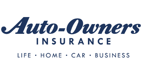 The logo for auto-owners insurance is blue and white and says life , home , car , business.