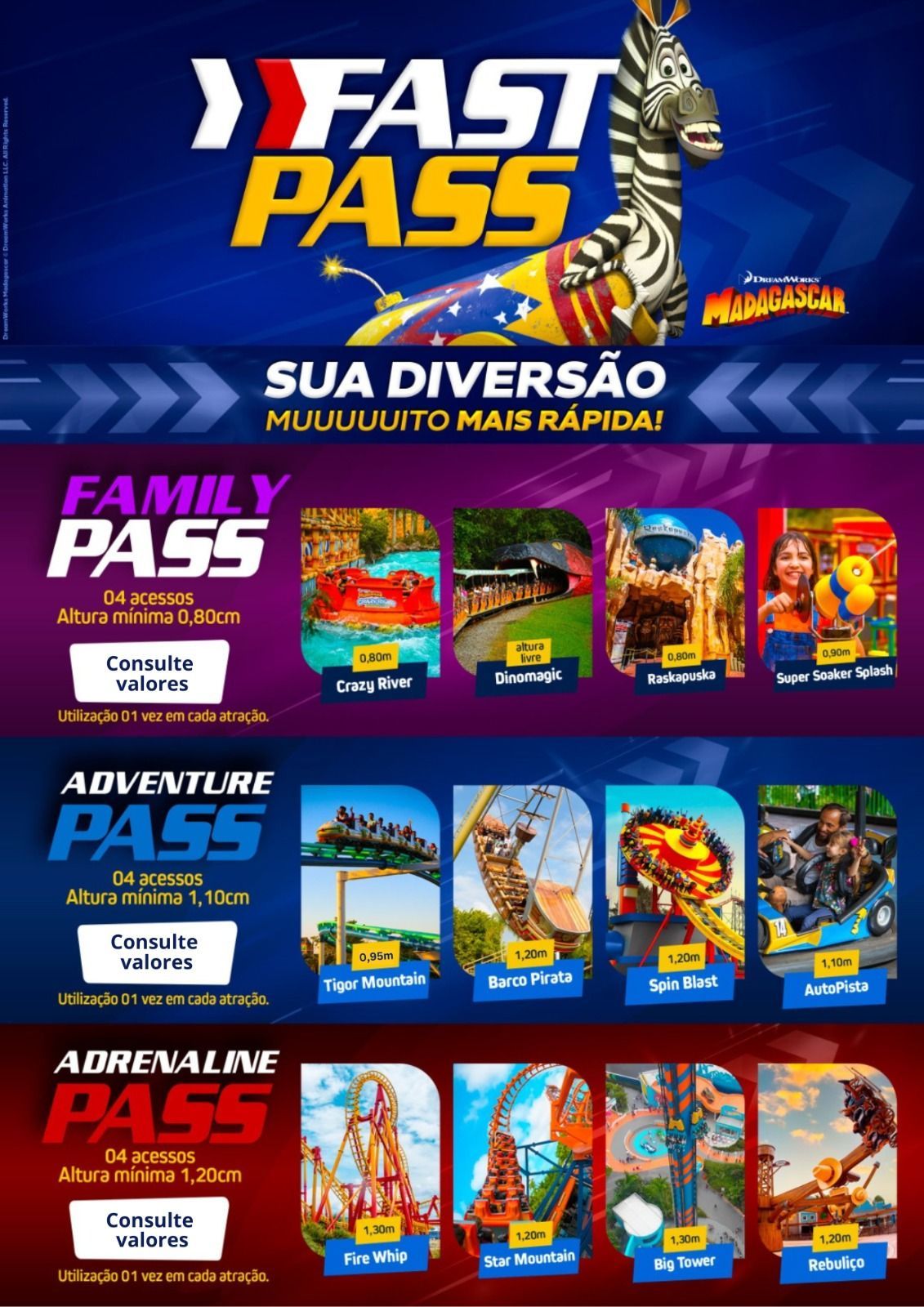 Imagem promocional de um parque temático: opções Fast Pass, Family, Adventure e Adrenaline Pass com brinquedos.