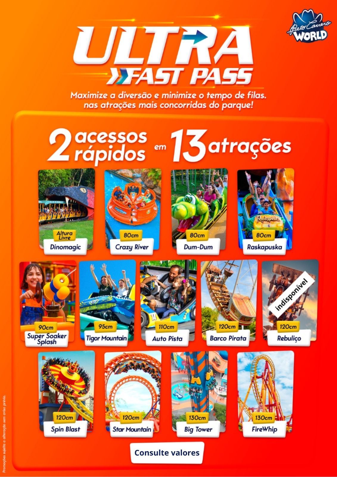 Anúncio do Orange Ultra Fast Pass para um parque temático, com opções de brinquedos e informações sobre preços.