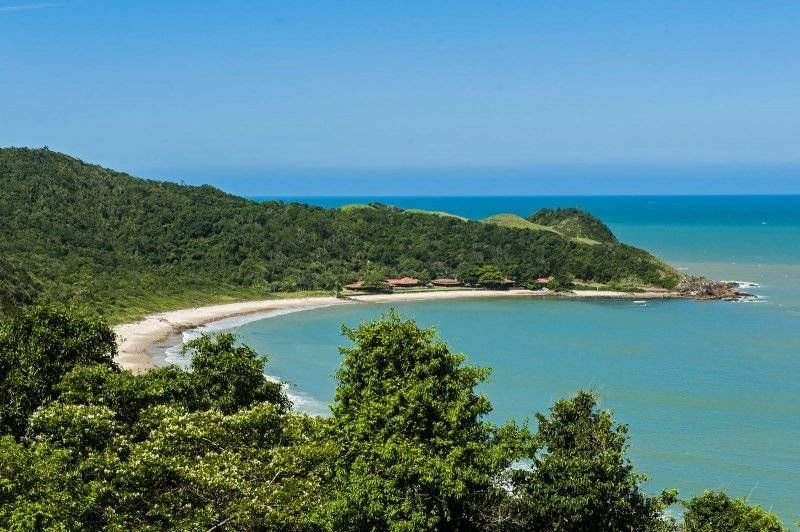 Uma vista panorâmica da costa com uma praia de areia, uma encosta verdejante e um oceano azul-turquesa sob um céu azul claro.