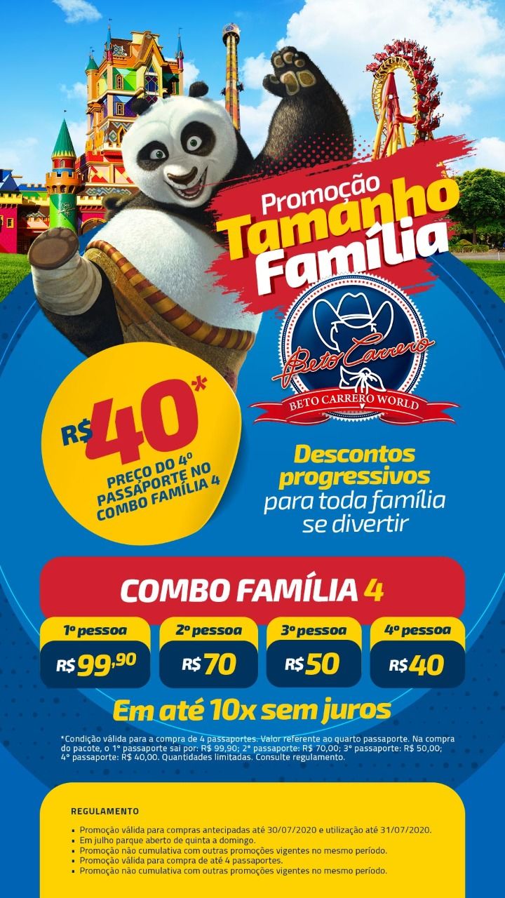 Cartaz promocional: Panda, um leão-marinho e uma montanha-russa com descontos combinados para famílias em um parque temático.