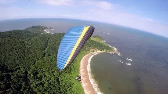 Parapente sobrevoando um litoral com praia de areia e floresta verdejante encontrando o oceano azul. A asa é azul, amarela e preta.