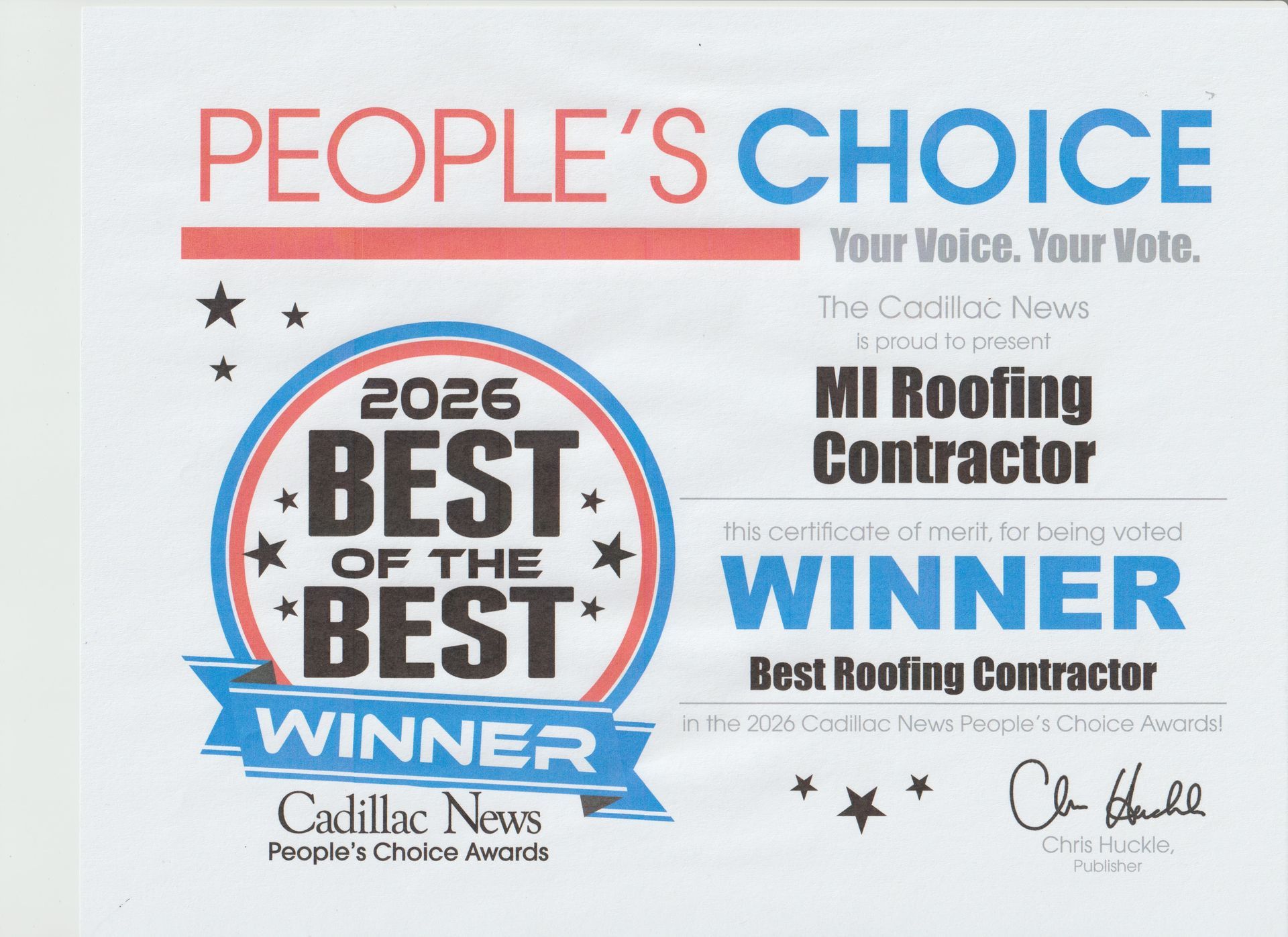 Cadillac News People’s Choice award graphic for MI Roofing Contractor, featuring “2025 Best of the Best” winner badge.
