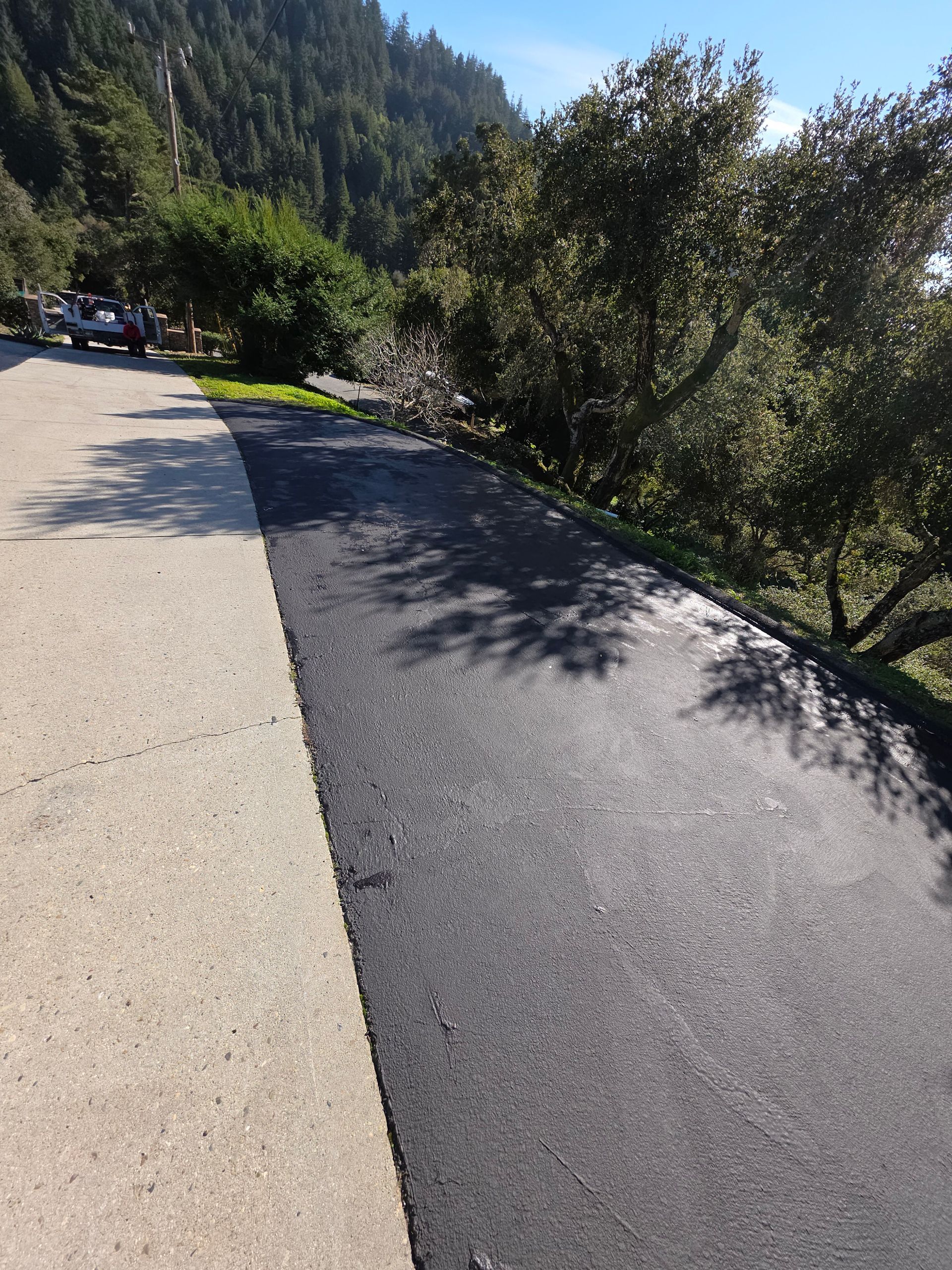 A paved path with a light concrete side next to a freshly laid dark asphalt surface, with trees and a hillside beyond.