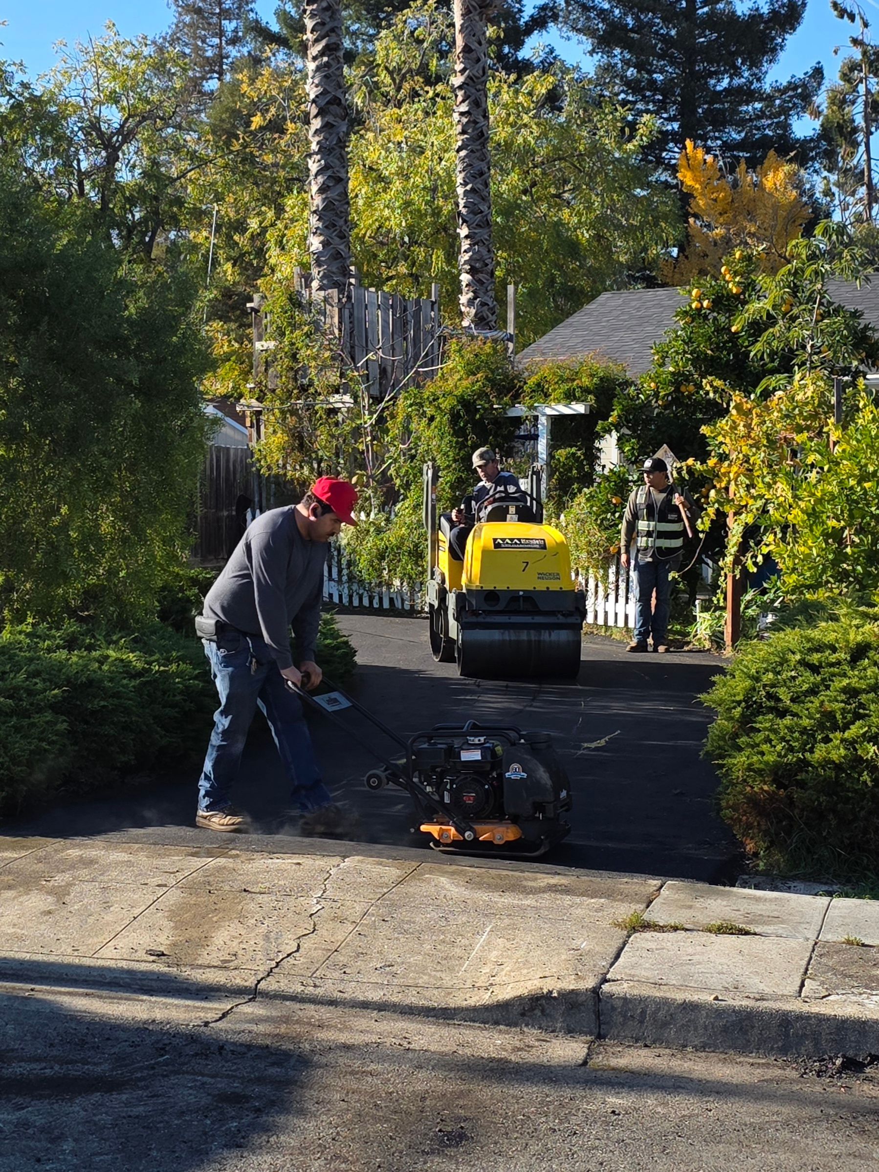 Construction workers operate a yellow steamroller and a plate compactor to pave a driveway surrounded by trees and shrubs.