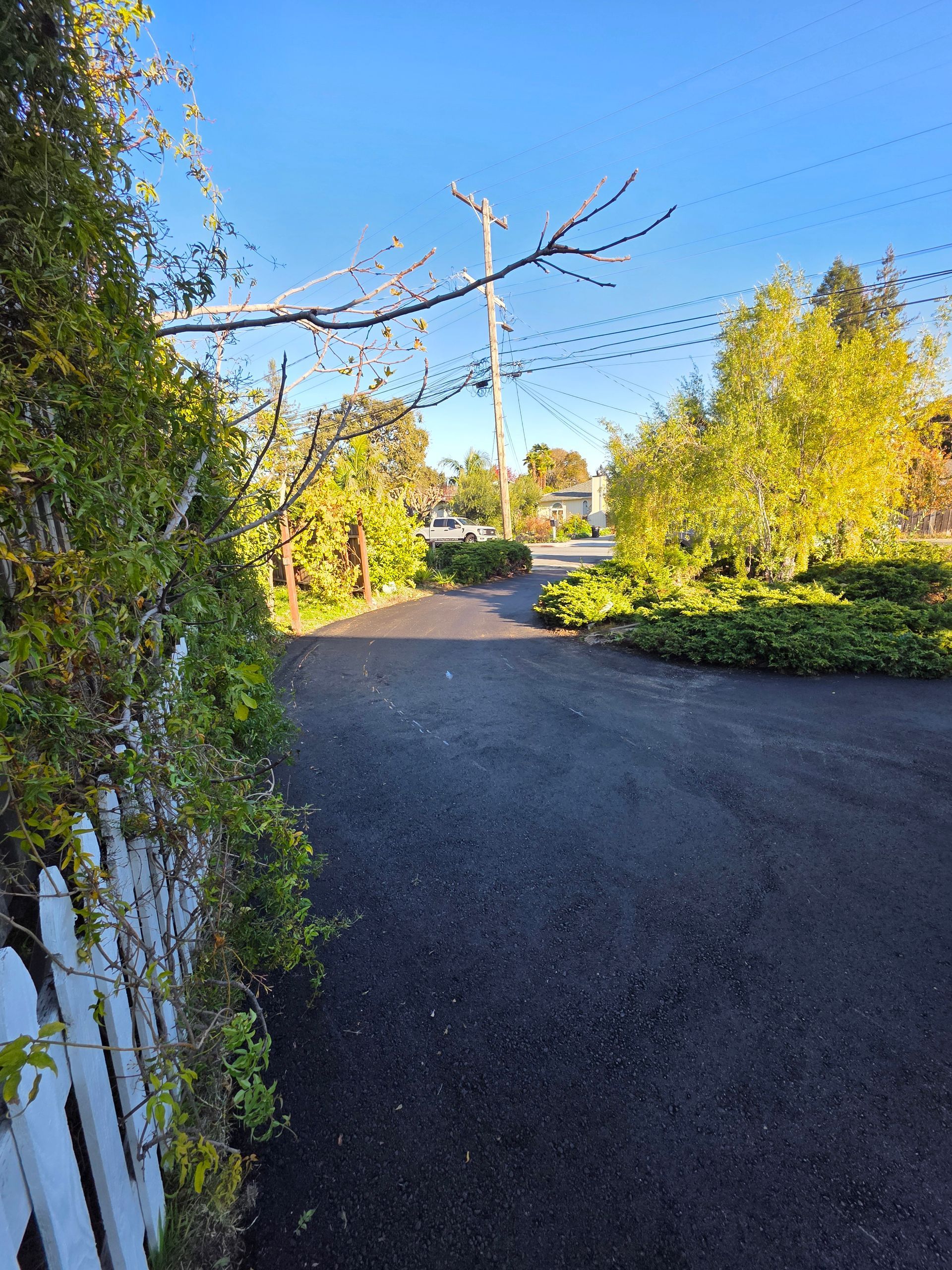 A paved driveway curves past a white picket fence on the left toward a sunlit street with trees in an autumn landscape.