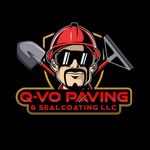 Logo for Q-VO Paving & Sealcoating LLC featuring a cartoon worker in a red hard hat, sunglasses, and tools on a gold shield.