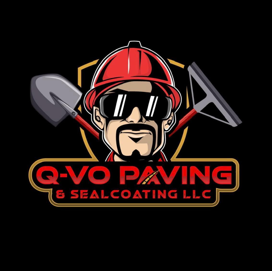Logo for Q-VO Paving & Sealcoating LLC featuring a cartoon worker in a red hard hat, sunglasses, and tools on a gold shield.