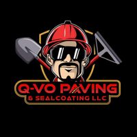 Logo for Q-VO Paving & Sealcoating LLC featuring a cartoon worker in a red hard hat, sunglasses, and tools on a gold shield.