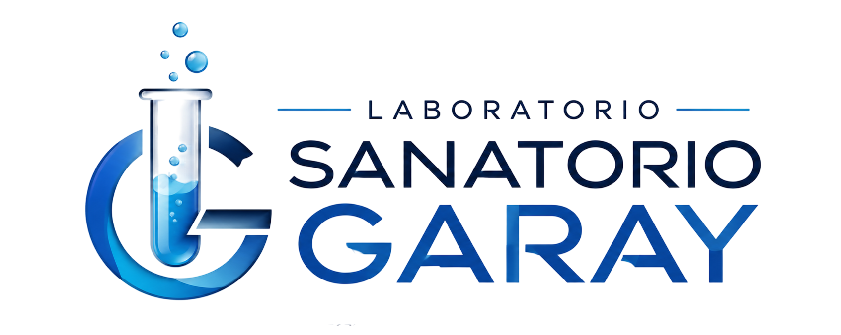 Logo de Laboratorio Sanatorio Garay en azul y gris, con una cruz médica estilizada y burbujas.