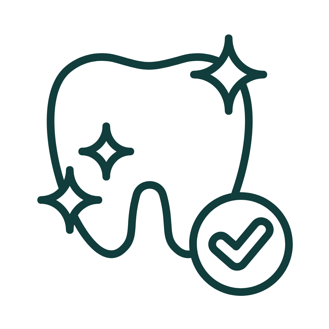 A tooth with shining sparkles and a check mark, symbolizing dental health.
