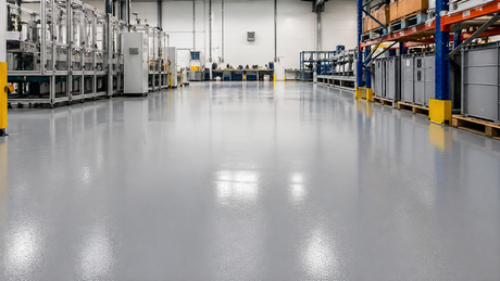 Magazzino industriale vuoto con pavimento grigio lucido, scaffali e macchinari lungo entrambi i lati.