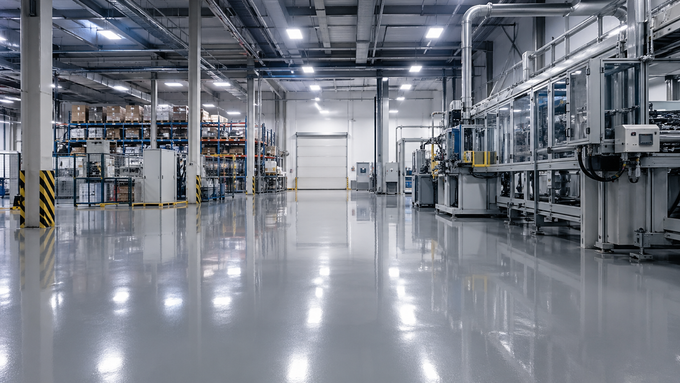 Pavimento industriale vuoto con cemento lucidato, luci intense e macchinari in acciaio inossidabile lungo le pareti.