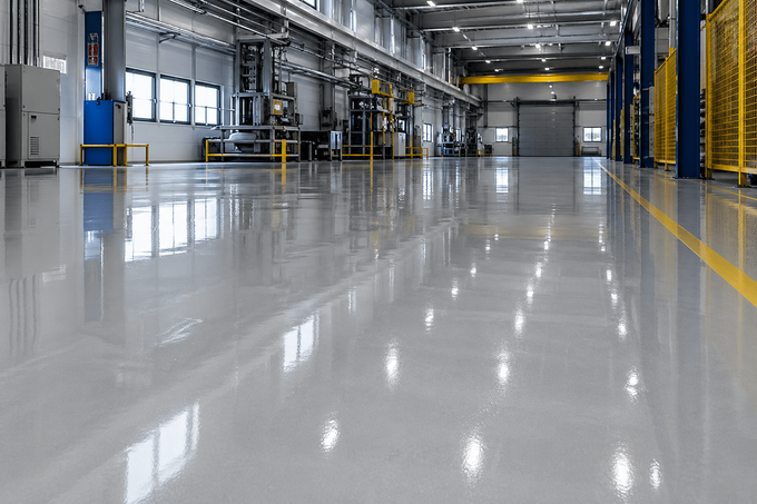 Luminoso magazzino industriale vuoto con pavimento in cemento lucidato e ringhiere gialle.