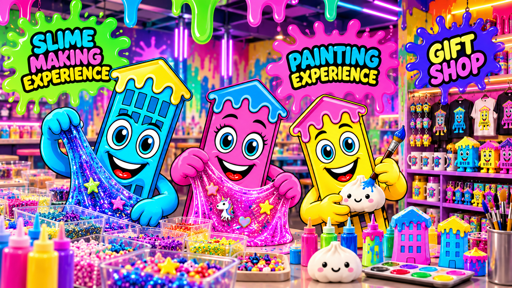 Downtown Slime characters making glittery slime, painting a dumpling, and exploring the gift shop.