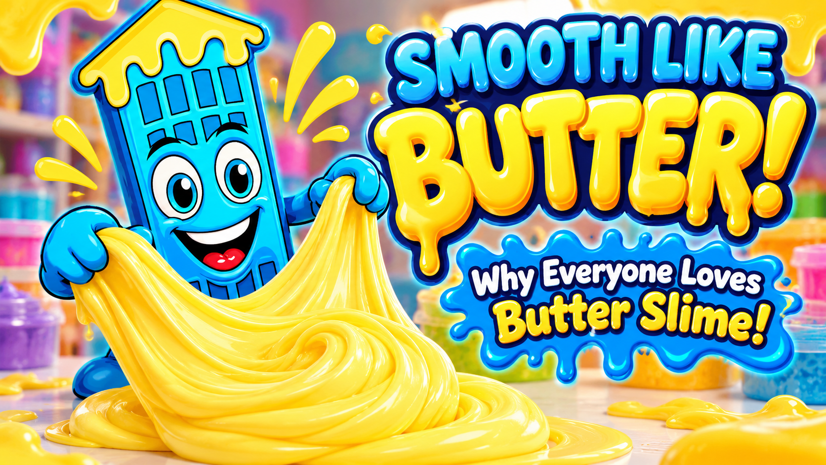 Smiling Downtown Slime character stretching smooth yellow Butter Slime.