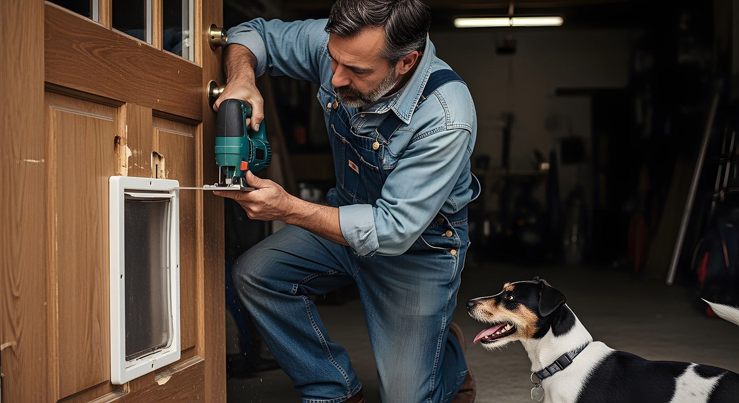 View of a small breed dog looking at a worker installing a dog door.