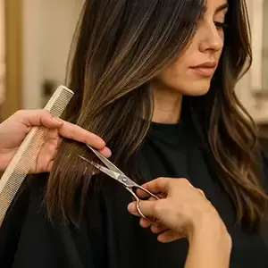 Hairdresser trimming a woman’s long brown hair with scissors in a salon