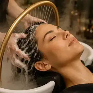 Woman getting her hair washed at a salon sink, with water flowing through her dark hair.