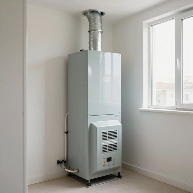 Modern gas furnace installed neatly inside a residential home.