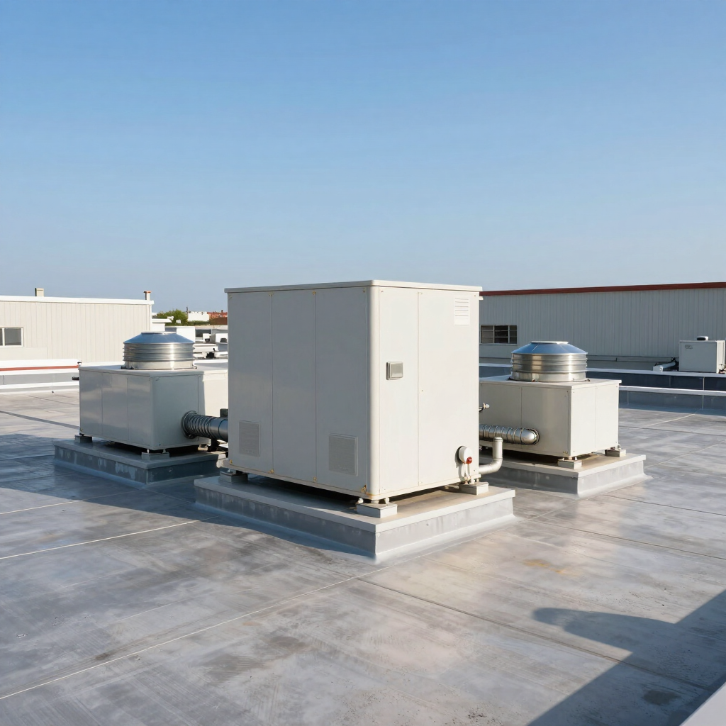 Rooftop HVAC equipment with white vents and a gray utility cabinet on a flat commercial roof.