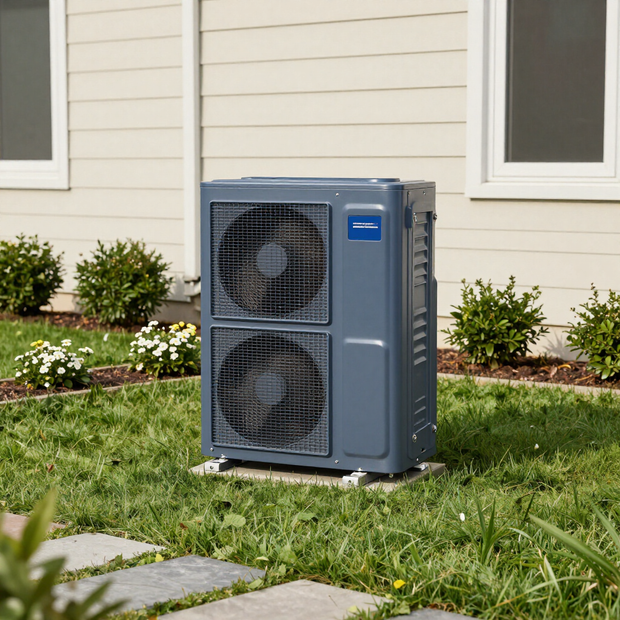 Outdoor air conditioner unit on a beige wall with a circular fan and C C logo.