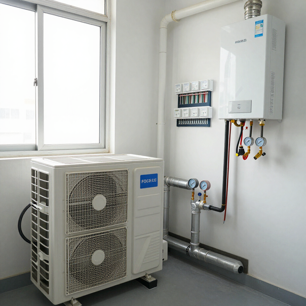 Hand pressing a black wall thermostat next to a digital temperature display on a white wall