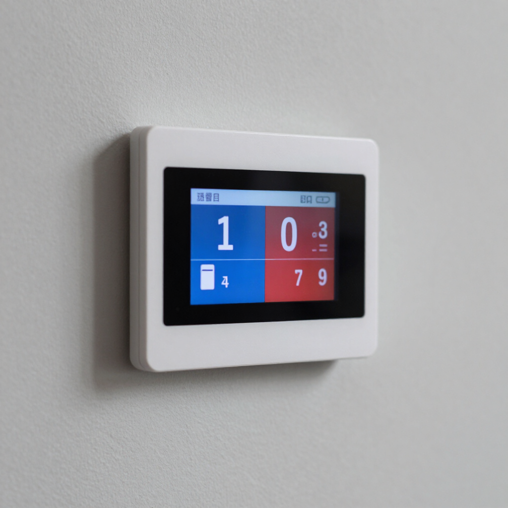 Wall-mounted digital control panel with a blue and red touch screen display