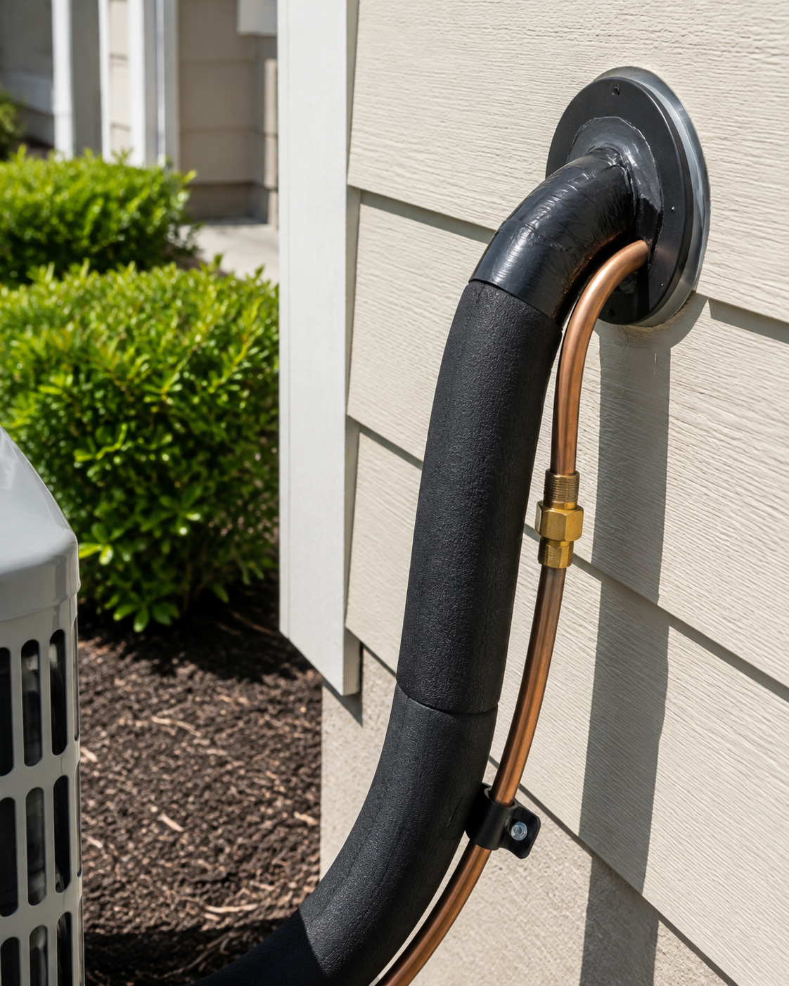 Insulated outdoor AC refrigerant line and copper tubing exiting a house wall
