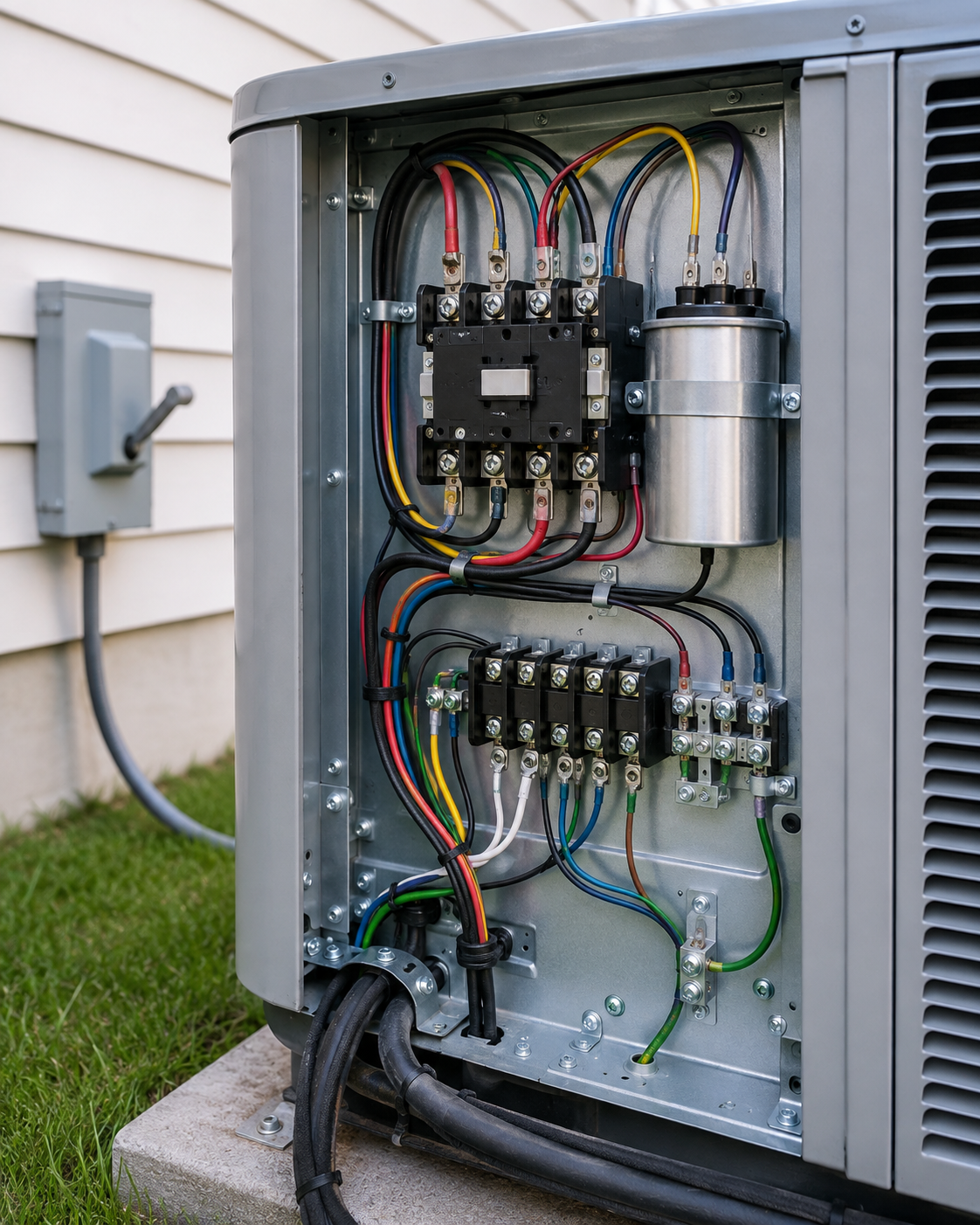 Open electrical control panel with wiring, circuit components, and conduit mounted outside a house.