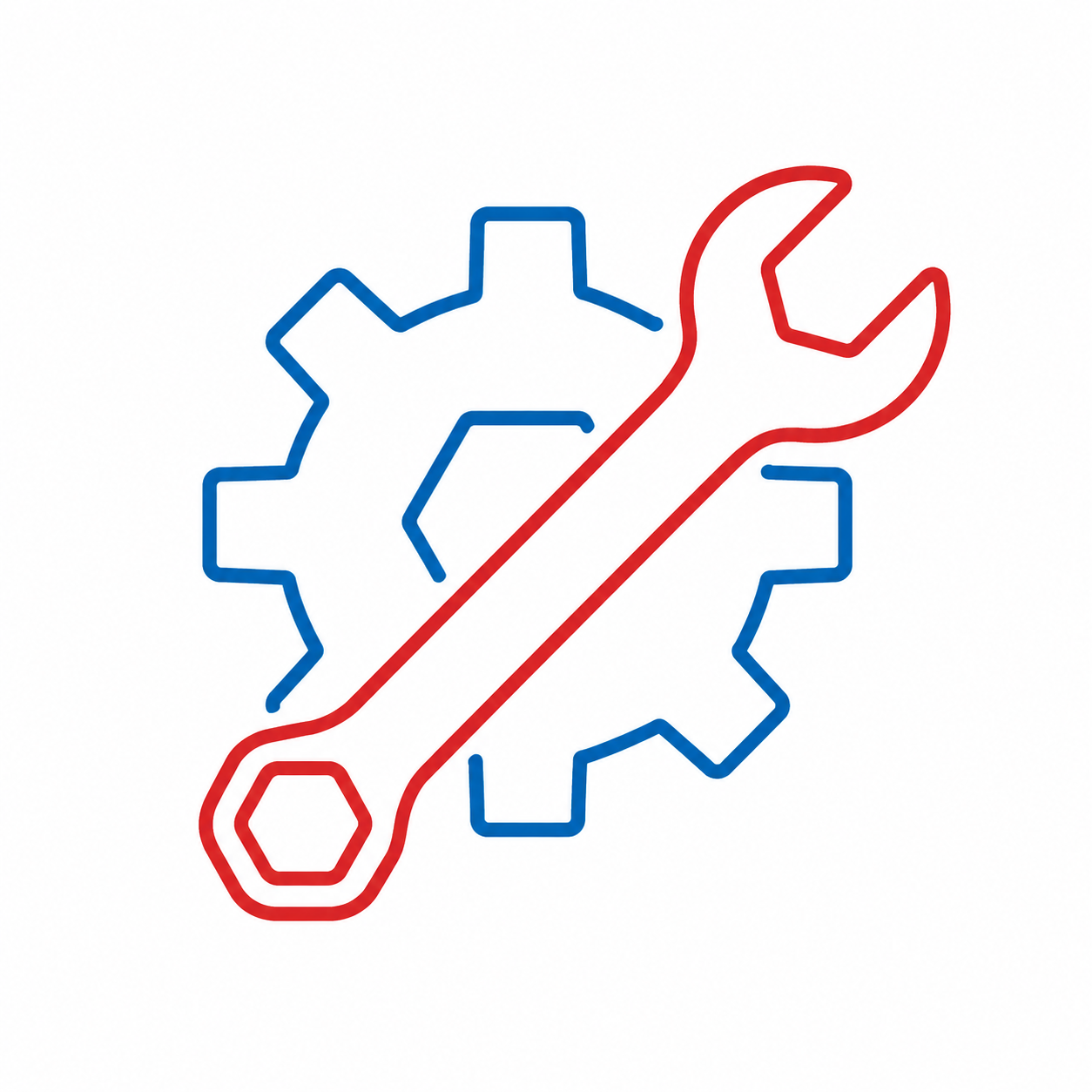 Blue circular logo with red flame and navy wave lines