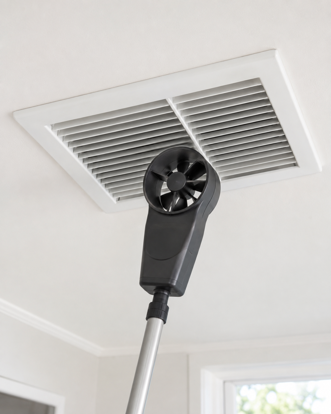 Black vacuum head cleaning a white ceiling vent in a bright room.