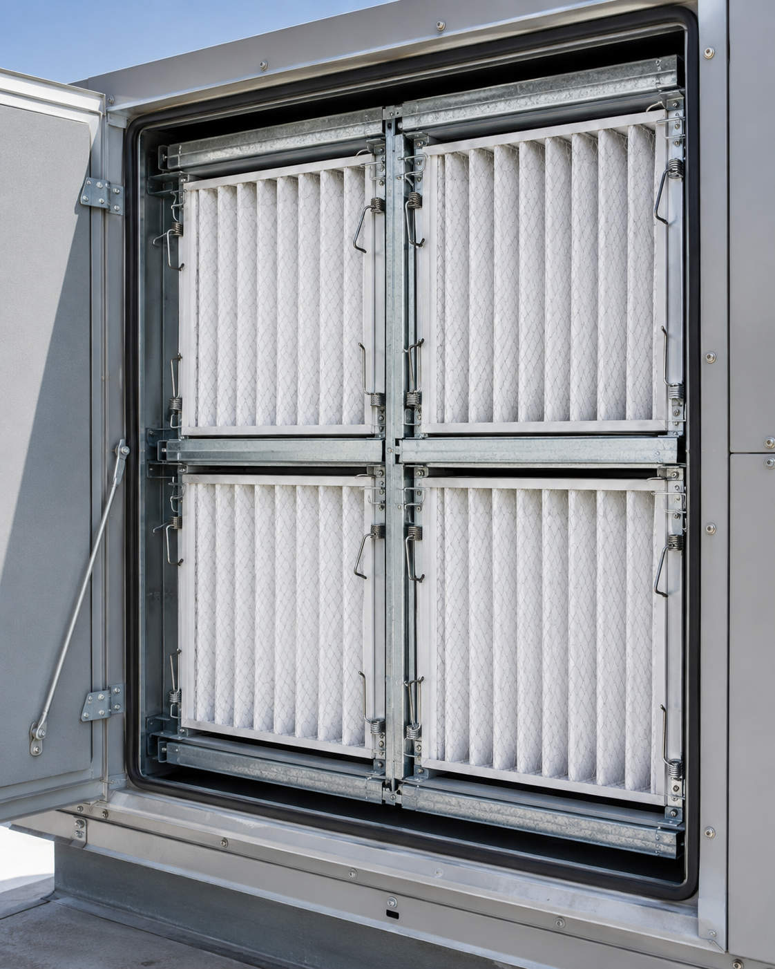 Open gray electrical cabinet with four white vented panels inside
